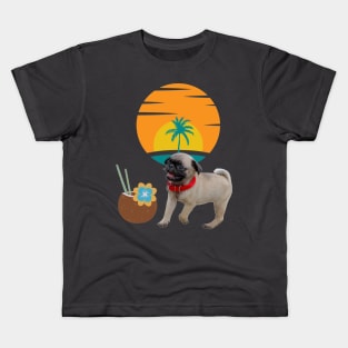 Tiny dog , coco drink and palm tree on sunset background . Kids T-Shirt